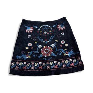 Miami Black Corduroy Embroidered Mini Skirt Sz M Boho Floral